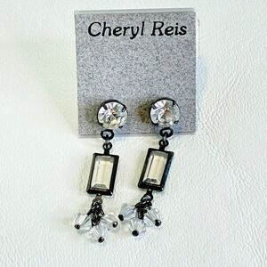 Rhinestone Dangle Drop Earrings Gunmetal Clear Crystal Geometric Cheryl Reis